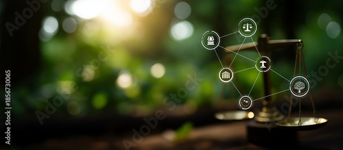 Environmental law court internationalization heavily defocused forest background with icons business industrial organizations world of law environmental regulation sustainable