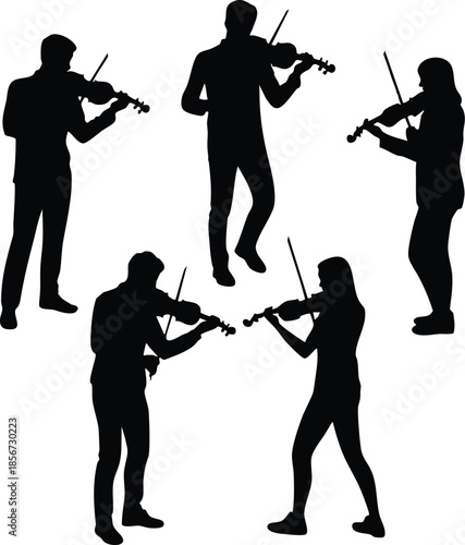 Classical Music Group Composition, Violin Practice and Ensemble Silhouette Vector Collection, silhouette, illustration, vector