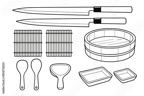 Sushi making tools set, isolated on dark background