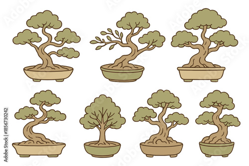 Collection of stylized bonsai trees in pots