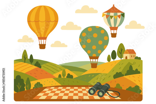 Hot air balloons over rolling hills with binoculars and picnic blanket