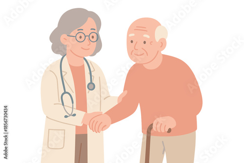 Doctor shaking hands with elderly patient with cane