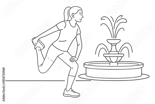 Woman stretching by a fountain