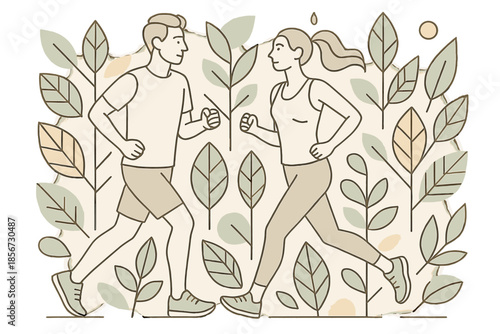 Couple jogging outdoors surrounded by plants