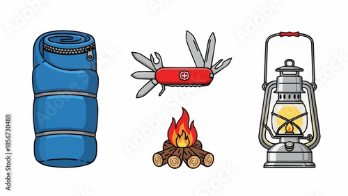 Camping equipment illustration featuring barrel, knife, fire, and lantern on white background