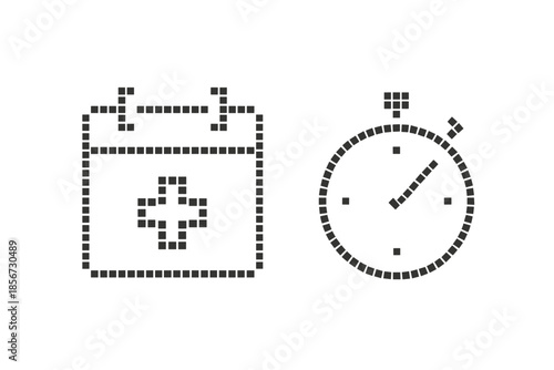 Pixelated calendar and stopwatch icons on dark background