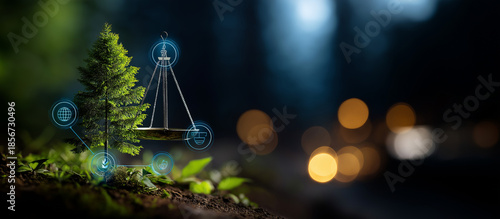 Environmental law court internationalization heavily defocused forest background with icons business industrial organizations world of law environmental regulation sustainable