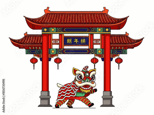 A colorful Flat Design Ilustration Vector of a lion dance performance in front of a traditional Chinese gate with red lanterns.
