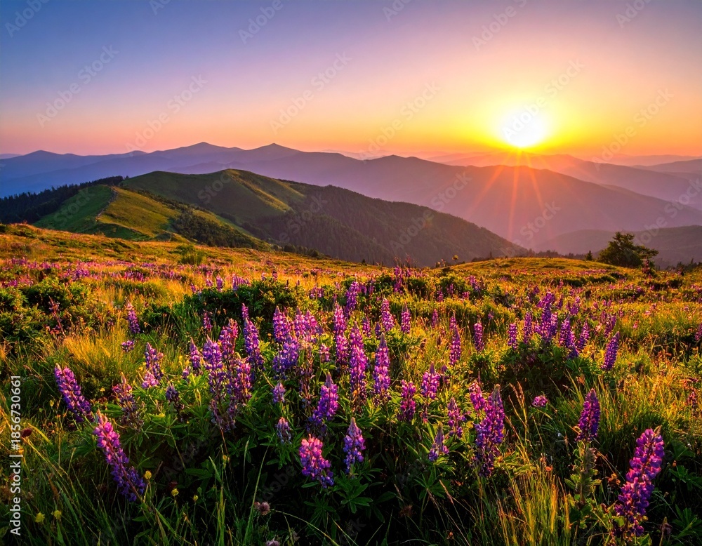 Obraz premium Sunset over mountain range with vibrant wildflowers and golden sunlight