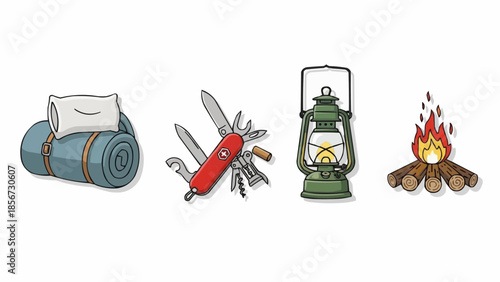 Camping essentials laid out on a serene forest floor, showcasing a sleeping bag, pocket knife, lantern, and campfire, from a straightforward viewpoint