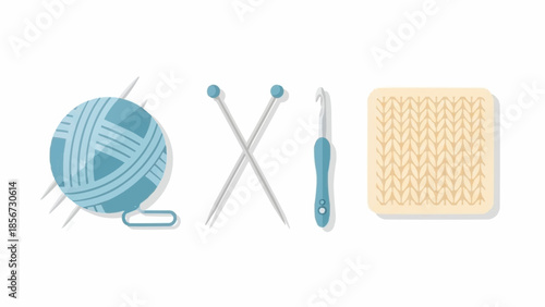 Sewing and knitting tools arranged neatly on a white background