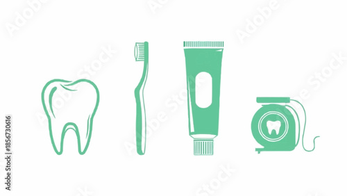 Set of clean vector icons depicting essential dental care and oral hygiene tools a healthy tooth, toothbrush, toothpaste, and dental floss, perfect for health awareness designs