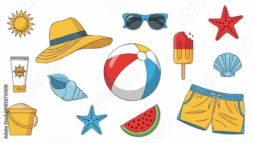 Summer vacation beach accessories and refreshing treats illustrated in a vibrant collection