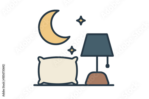Nighttime scene with moon, stars, pillow, and bedside lamp