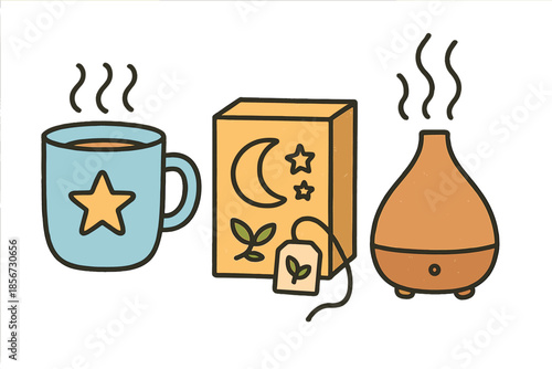 Relaxation items: tea, diffuser, and comforting beverage