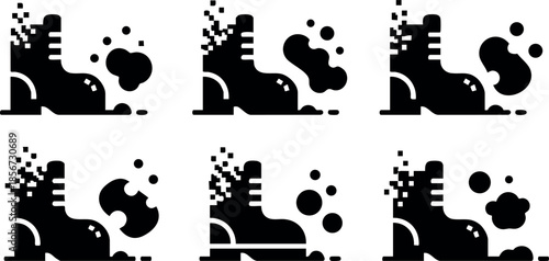Boot footprint mud splatter vector icon set with pixel effect black silhouette illustration