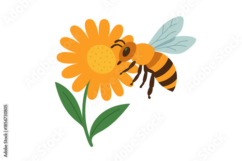 Cartoon bee collecting pollen from a bright orange flower