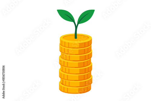 Growing Stack of Golden Coins with Green Sprout