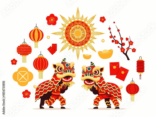 Flat design illustration vector of two lion dance performers surrounded by vibrant red lanterns, cherry blossoms, and festive decorations against a white background.