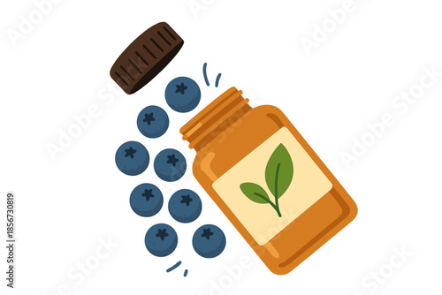 Overhead view of a bottle of blueberry supplements with scattered blueberries