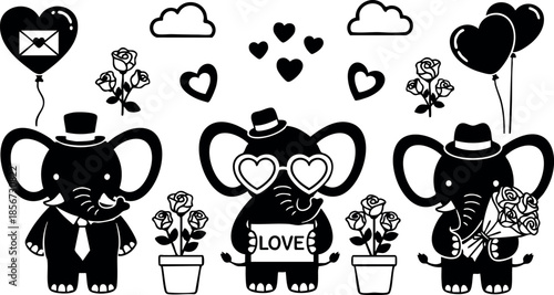 Cute elephants with hearts balloons love sign and flowers in pots vector illustration for romantic design and celebration ideas