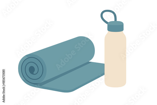 Yoga mat and water bottle glowing in soft light