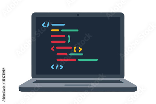 Laptop displaying colorful code