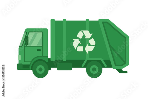 Green garbage truck with recycling symbol