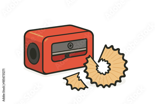 Red Pencil Sharpener with Wood Shavings on Yellow Background