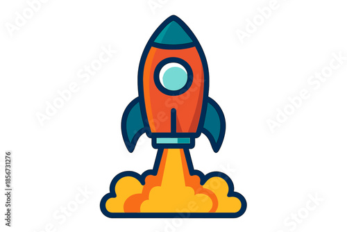 Stylized rocket launching with orange flames and smoke