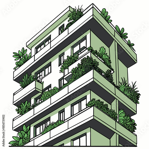 A detailed architectural sketch showcases a modern building adorned with lush greenery on each balcony level