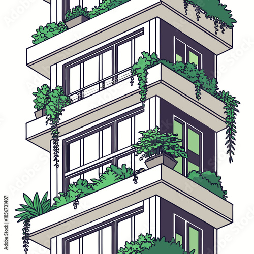 A stylized illustration of a modern building facade with lush greenery overflowing from balcony planters