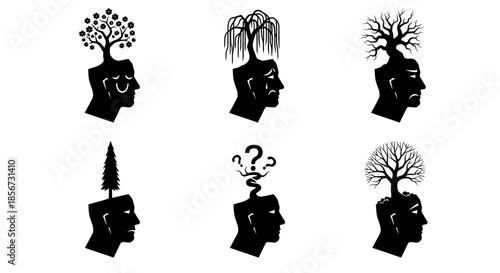 Diverse human heads symbolize thoughts mindsets growth and contemplation with trees and question marks artistically rendered