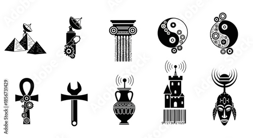 Steampunk Technology Meets Ancient Worlds: Intriguing Fusion of Mechanical Gears and Iconic Symbols in a Modern, Artistic Style for Creative Projects