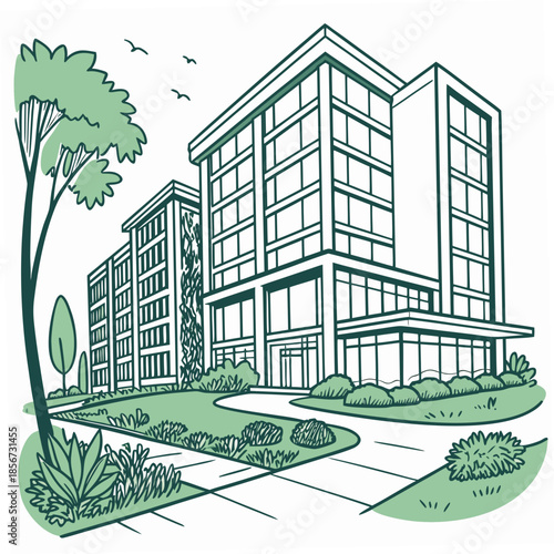 A detailed line drawing showcases a modern apartment building with surrounding greenery and a clear blue sky