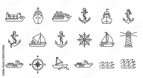 Nautical Adventures Set Sail with this Line Art Collection of Ships, Anchors, and More for a Classic Maritime Feel, Perfect for Travel and Exploration