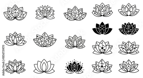 Elegant lotus flowers with geometric patterns, a modern twist on a classic icon, perfect for wellness brands and spiritual designs, serene and peaceful