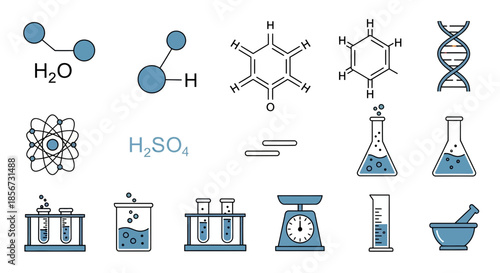 Modern scientific diagram featuring molecular structures, lab equipment, and DNA, perfect for educational material or science-themed projects, cleanly designed