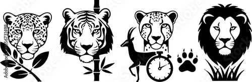 Wild animal faces and symbols including leopard, tiger, cheetah, deer with clock, and lion in black silhouette vector illustration