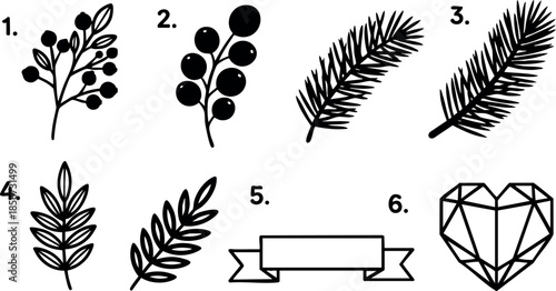 Decorative floral and pine branch vector set with heart and banner elements for design and crafts