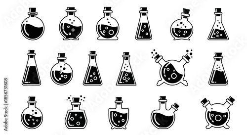 Diverse collection of science and chemistry laboratory flasks and vials with bubbling liquids for research and experimentation themes