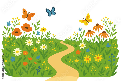 Whimsical Meadow with Butterflies and Path