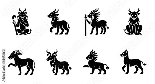 Diverse black silhouettes of stylized goats and mythical creatures exuding strength and mystique for graphic design projects