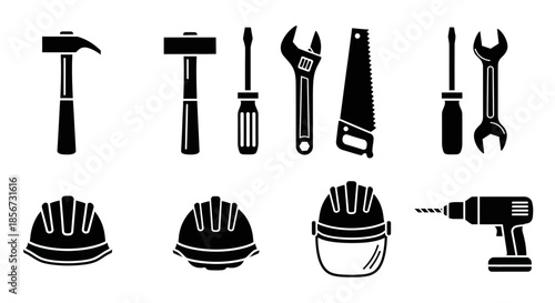Essential construction and DIY tools collection including hammers, screwdrivers, wrenches, saws, hard hats, and drills for projects