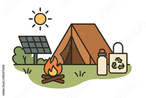 Eco-friendly camping scene with solar panel, campfire, and reusable bag