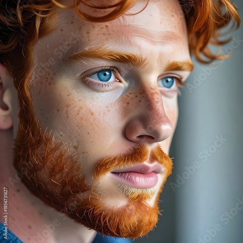 Portrait of a handsome man with red hair, freckles, and intense blue eyes looking wistfully off-camera