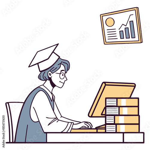 A graduating student diligently works on a computer studying and preparing for future success with data analysis