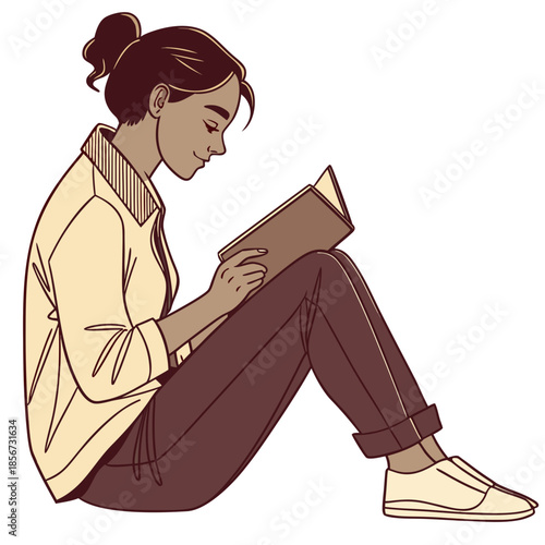 A serene illustration of a young woman peacefully engrossed in reading a book while comfortably seated on the floor