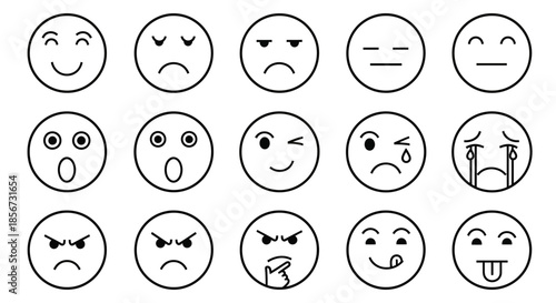 Diverse collection of expressive emoji faces conveying joy, sadness, anger, surprise, and contemplation for communication and design projects.