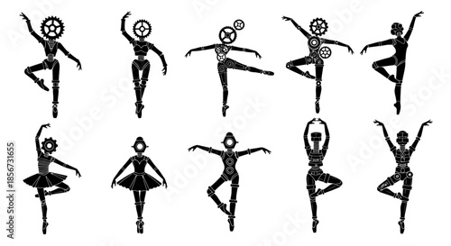 Captivating steampunk ballerinas elegantly posing in dynamic ballet stances, a blend of vintage industrial and graceful movement
